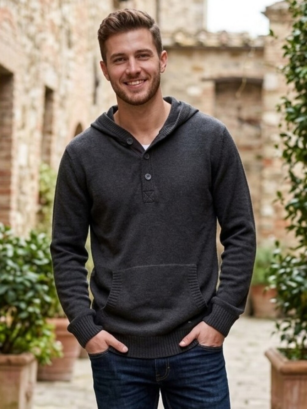 KOLBY Men's Charcoal Grey Knit Henley Hooded Sweater - M